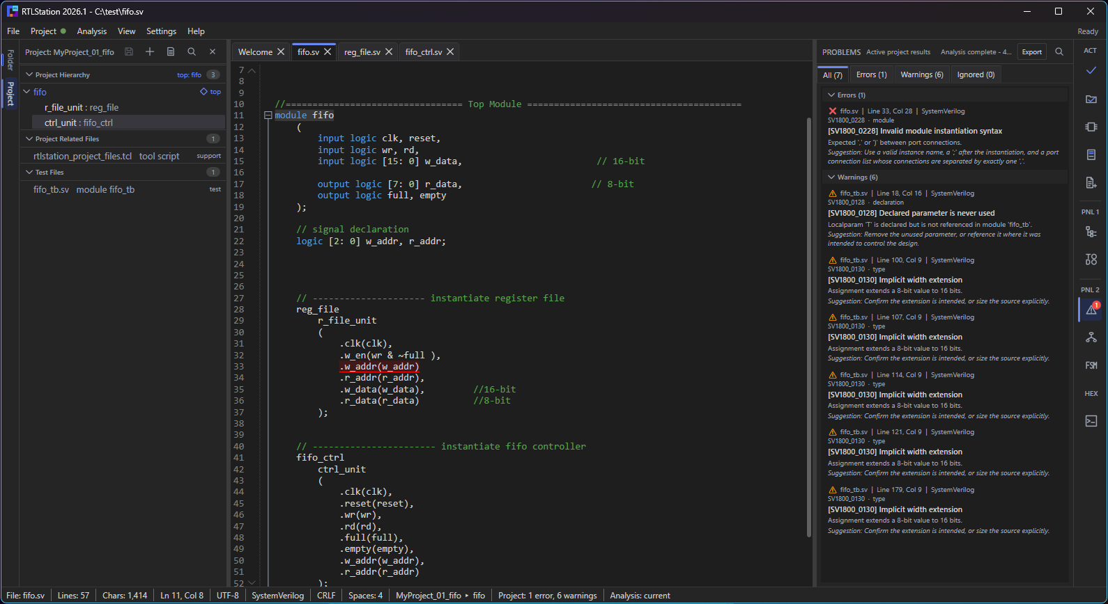 RTLStation 2026.2 editing a SystemVerilog FIFO module, with the project hierarchy on the left and static analysis results on the right
